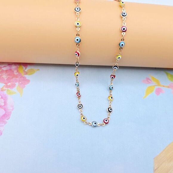 Colorful Evil Eye Rose Gold Necklace, 18 Inch, Gold Plated Brass, XPNL0102 - Picture 4 of 12